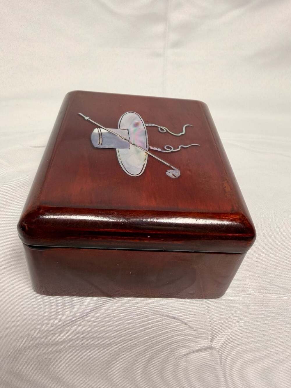 Vintage Wooden Trinket Box Mother Of Pearl Inlay Pipe Design